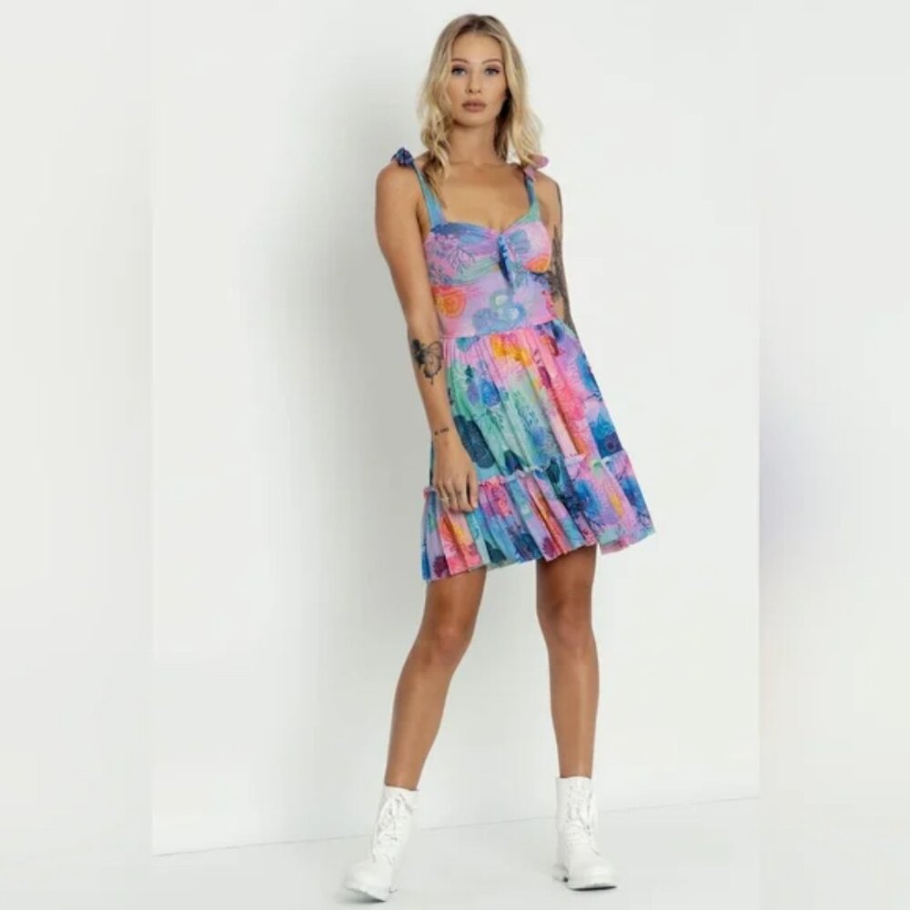 BLACKMILK FLORAL CORAL RAINBOW SWEET TIE SHORT DRESS size S  NWT